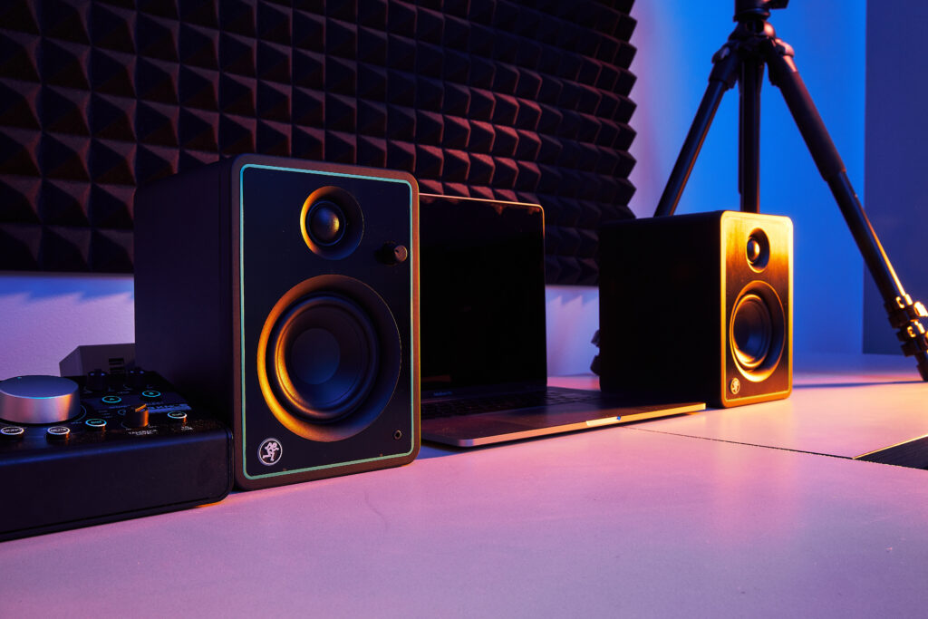 Mackie CR-X Series studio monitors sit on desk in recording studio
