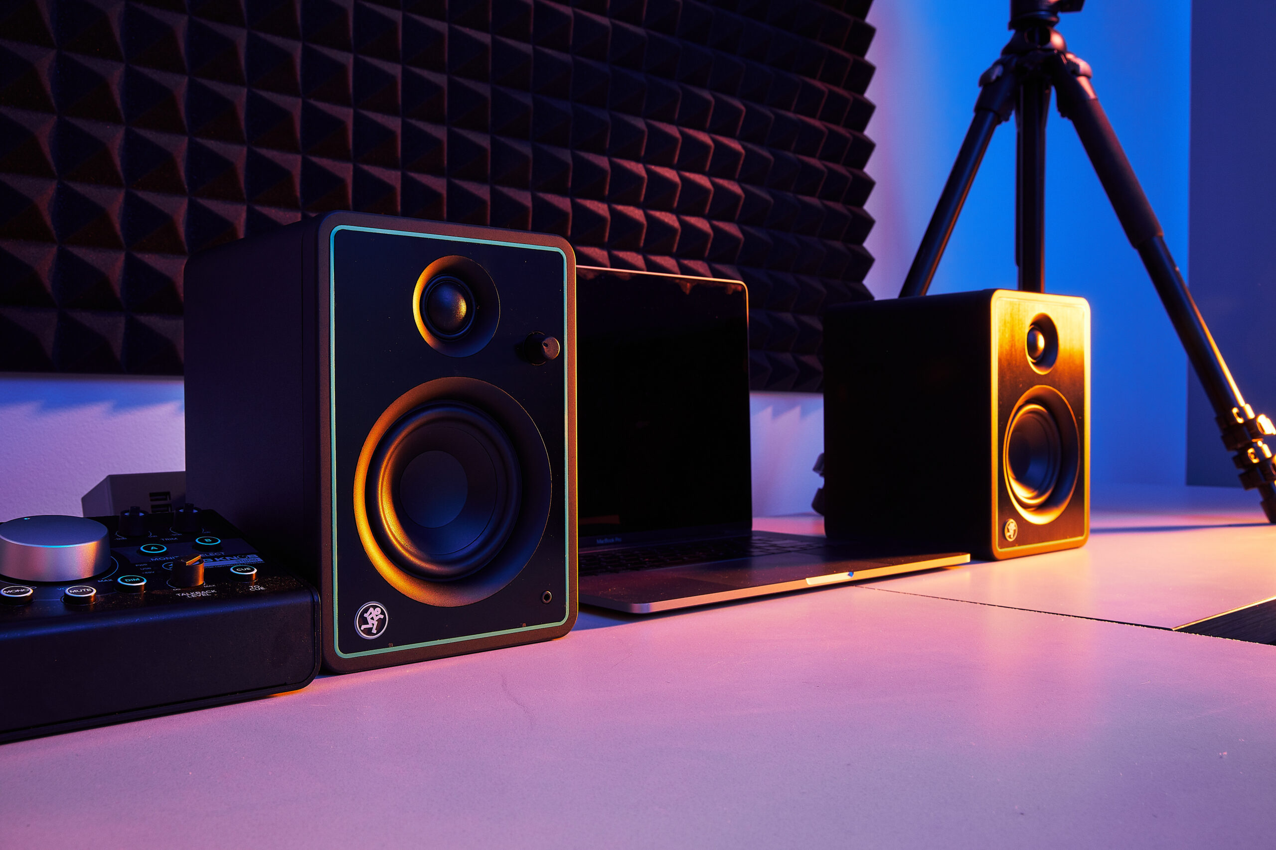Mackie CR-X Series studio monitors sit on desk in recording studio