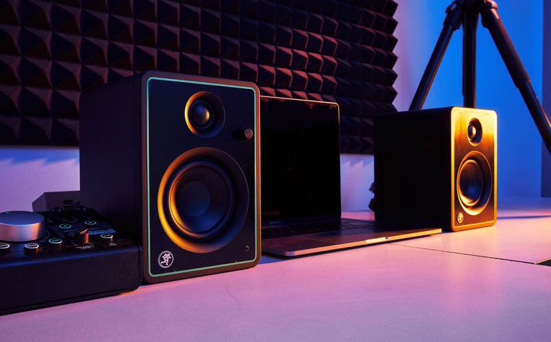 Mackie CR-X Series studio monitors sit on desk in recording studio